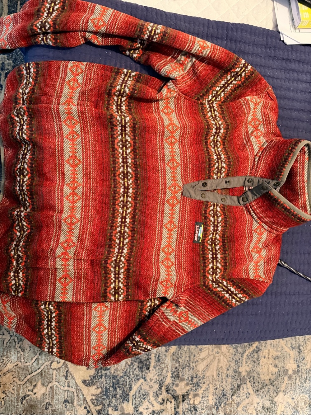 L.L. Bean Red Patterned Snap-Placket Pullover Sweater